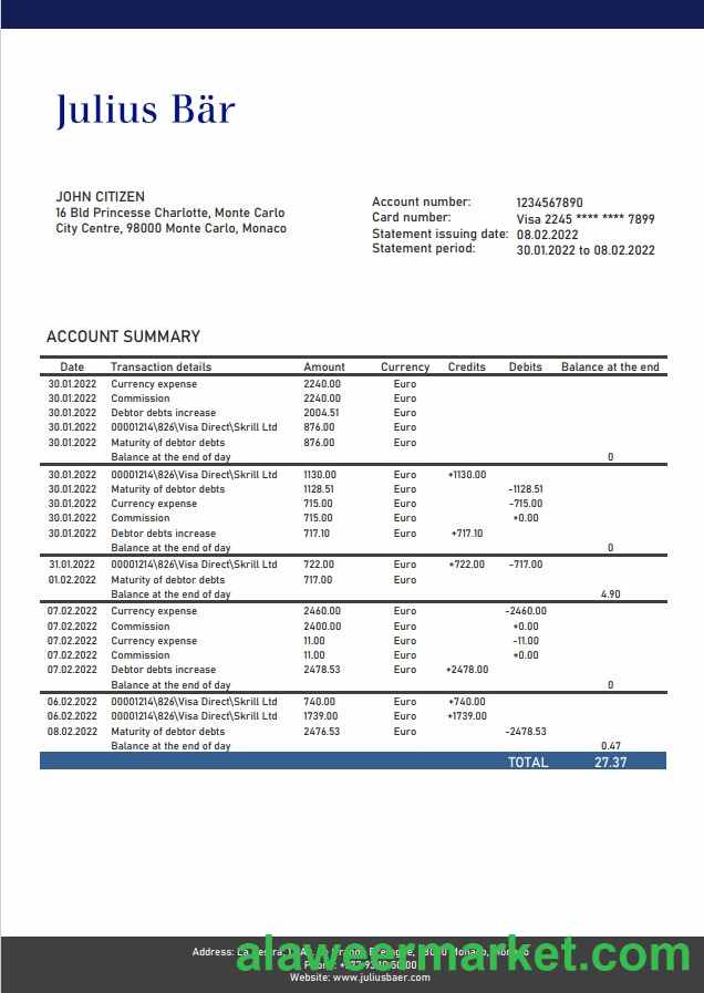Monaco Julius Bar bank statement